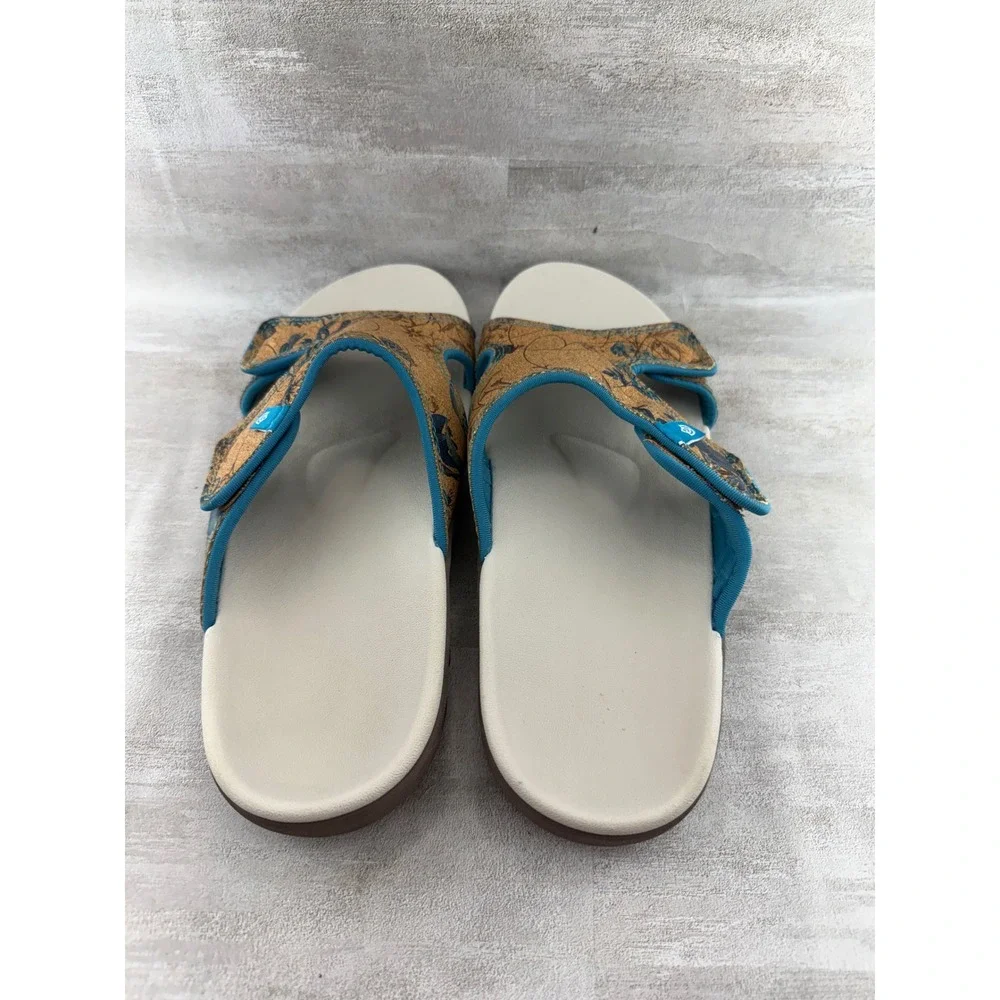 Spenco Kholo Women Sz 10B Orthotic Slide Sandals Tan Blue Floral Cork Adjustable